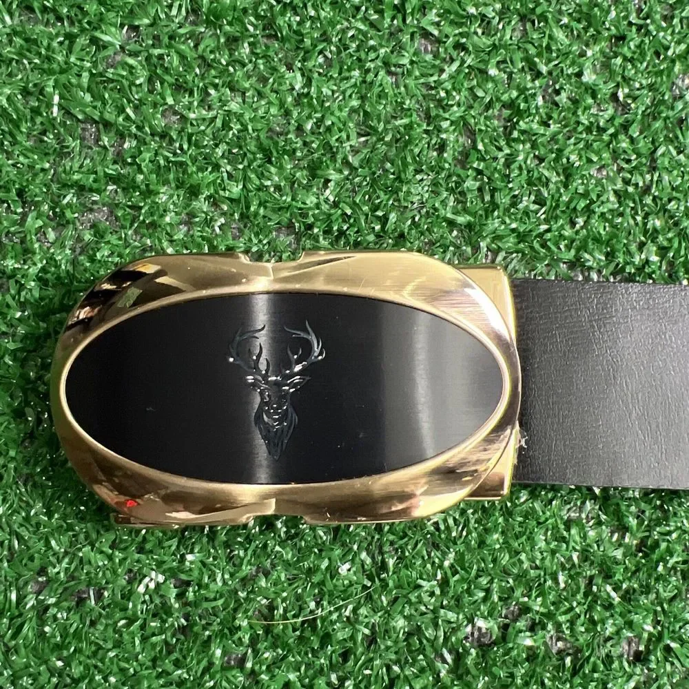 Leather Ratchet Belt For Men Adjustable Deer Head Engraving Oval‎ Gold Buckle